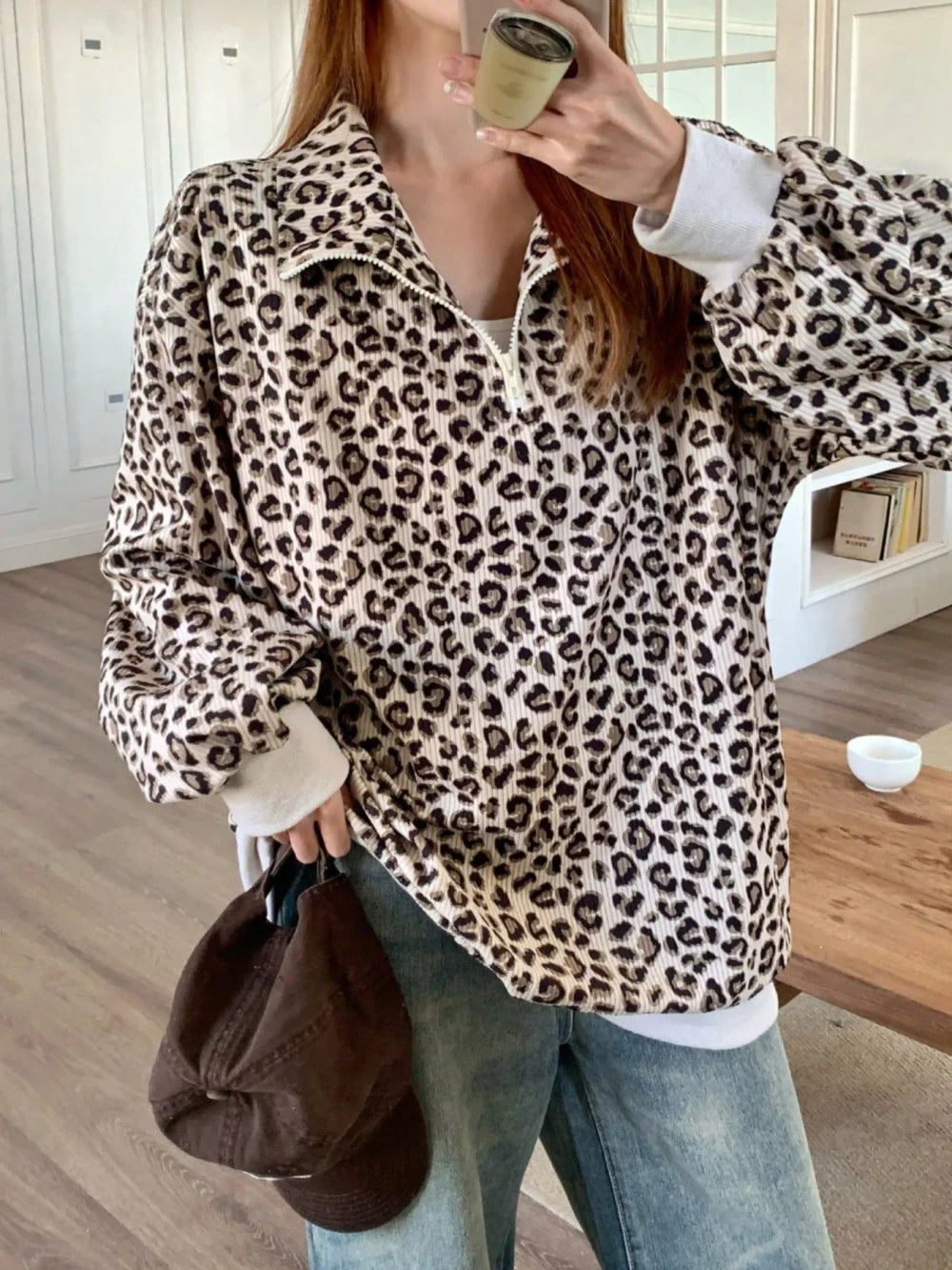 Leopard Print Corduroy Zip Hoodie
