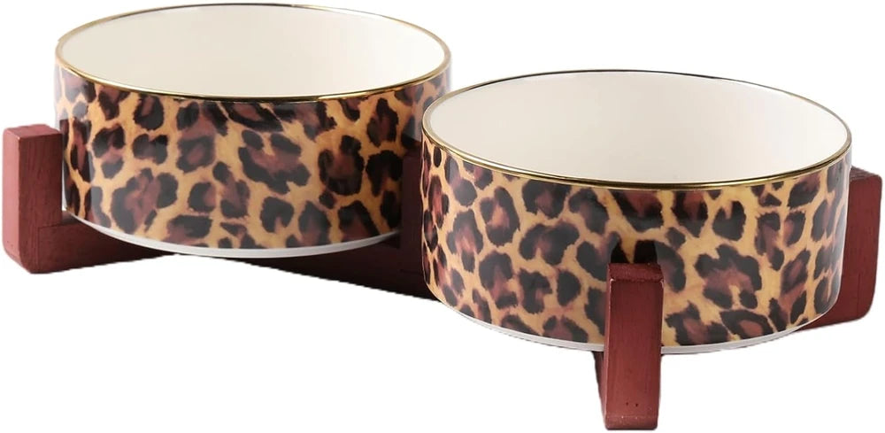 Leopard Print Elevated Pet Bowl Set