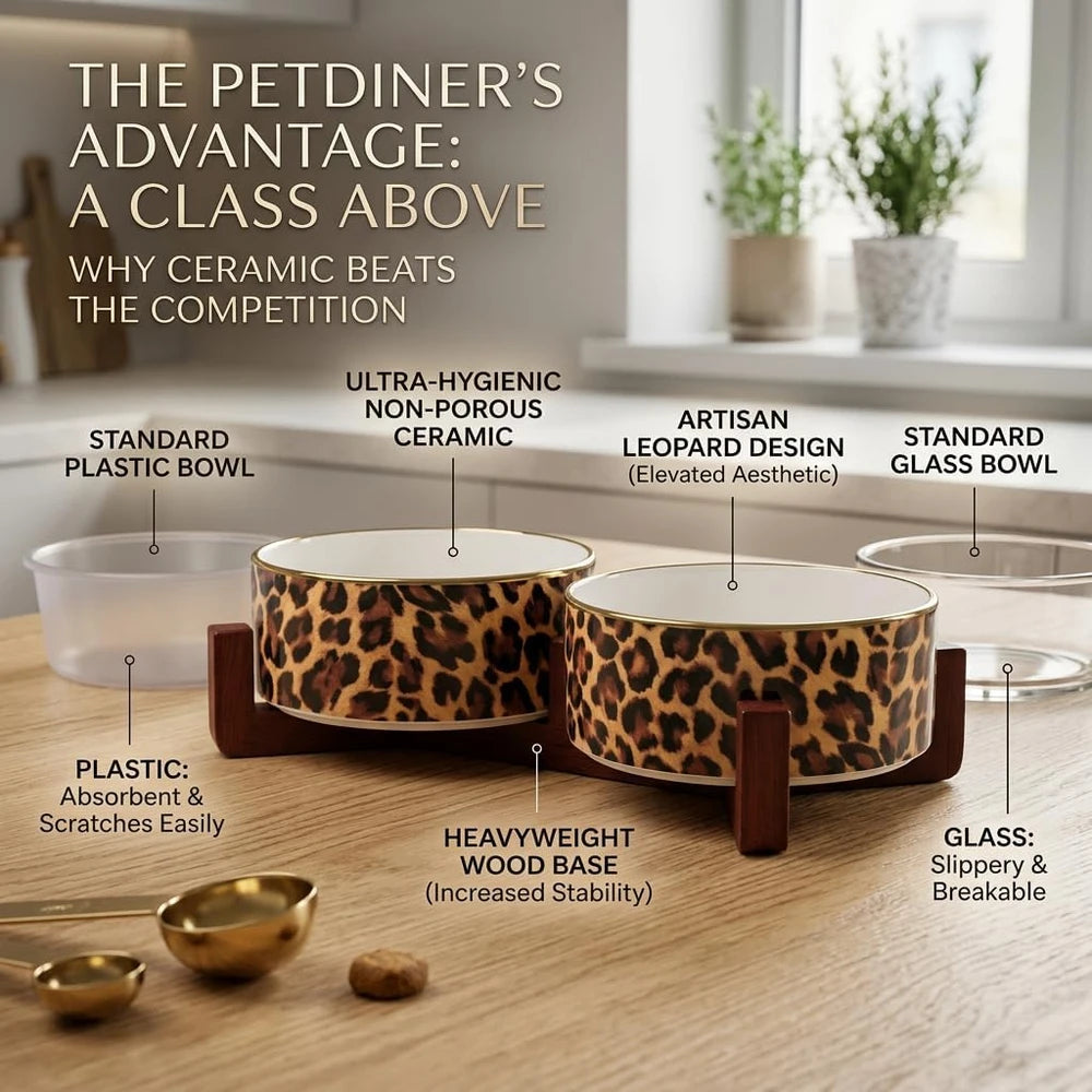 Leopard Print Elevated Pet Bowl Set